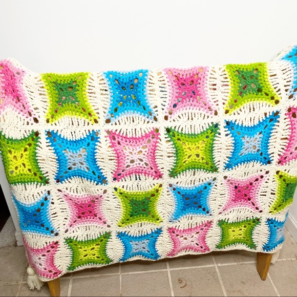 Bedding Crochet Cathedral Window Afghan Granny Squares With Tassels